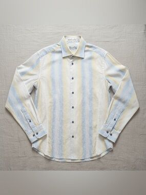 Brandolini Mens L 100% Cotton Jacquard Stripe Dress Shirt Pale Blue, Yellow